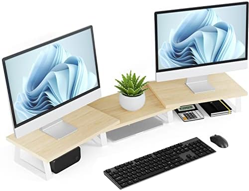 Desk Dual Monitor Stand Riser – Computer Stand for Desktop Monitor, Desk Shelf for Monitor, Wood Monitor Stand with Adjustable Length and Angle, Desktop Organizer, Large Monitor Stand for Laptop(Oak)