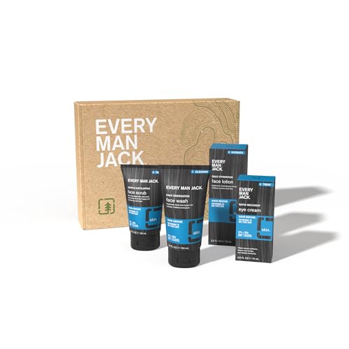 Every Man Jack Men’s 4-Piece Fragrance Free Skin Care Set – Face Wash, Scrub, Lotion, Eye Cream