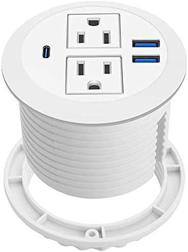 Jgstkcity 2-in-1 Desktop Power Grommet with USB-C Output, 125V, 12A, 2 AC Outlets, 3 USB Charging Ports, White