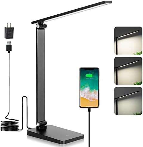 LED Desk Lamp for Home Office, 3 Levels Dimmable Desk Light with USB Charging Port, Small Study Lamp, Reading Light for Table, Black, 5000K