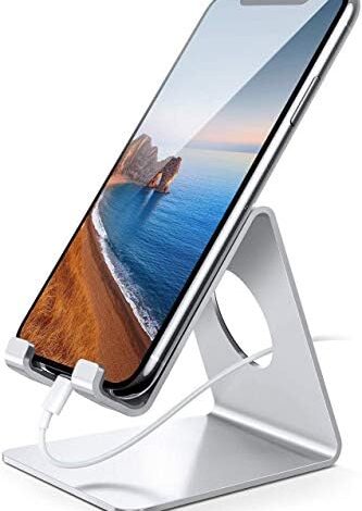 Lamicall Cell Phone Stand, Desk Phone Holder Cradle, Compatible with Phone 12 Mini 11 Pro Xs Max XR X 8 7 6 Plus SE, All Smartphones Charging Dock, Office Desktop Accessories – Silver