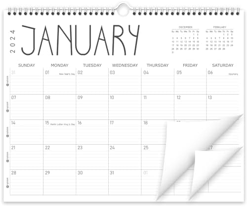 2024 Wall Calendar – Monthly Calendar from January 2024 to December 2024, 14” x 11” Hanging Calendar with Spiral Binding, Week Numbers for School Home Office