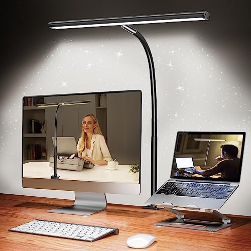 Airlonv LED Desk Lamp for Office Home, Eye-Caring Desk Light with Stepless Dimming Adjustable Flexible Gooseneck, 10W USB Adapter Desk Lamp with Clamp for Reading, Study, Workbench (Black)