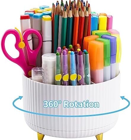 Marbrasse Desk Organizer, 360-Degree Rotating Pen Holder for Desk, Desk Organizers and Accessories with 5 Compartments Pencil Organizer, Art Supply Storage Box Caddy for Office, Home （White）