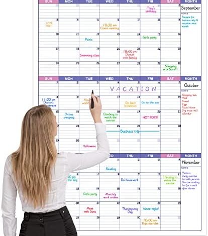 BooQool Large Dry Erase Calendar for Wall – Undated 3 Month Calendar, 27.7” x 40”, Erasable & Reusable Laminated White Board with 8 Round Stickers, Vertical Layout Home, Office and School