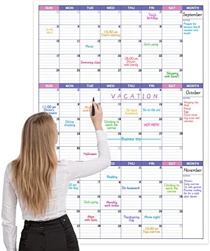 BooQool Large Dry Erase Calendar for Wall – Undated 3 Month Calendar, 27.7” x 40”, Erasable & Reusable Laminated White Board with 8 Round Stickers, Vertical Layout Home, Office and School