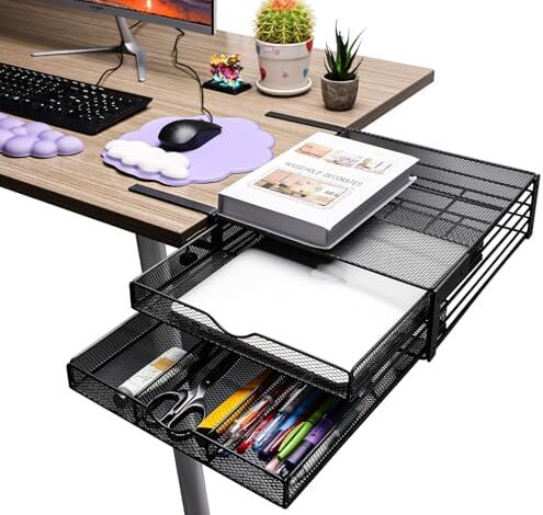 Pletpet Multi-Role Desk Organizer, Desktop Extension Drawer, 2-Tier Mesh Under Desk Drawer for Office Supplies & Home Essentials Organization, Black
