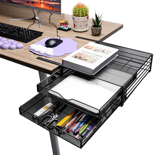 Pletpet Multi-Role Desk Organizer, Desktop Extension Drawer, 2-Tier Mesh Under Desk Drawer for Office Supplies & Home Essentials Organization, Black