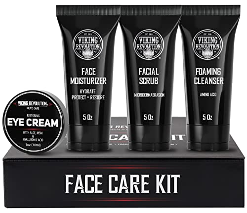 Viking Revolution Mens Facial Skin Care Kit – Includes Rejuvenating Face Moisturizer (5oz) Microdermabrasion Facial Scrub (5oz) Foaming Cleanser (5oz) Eye Cream (1oz)