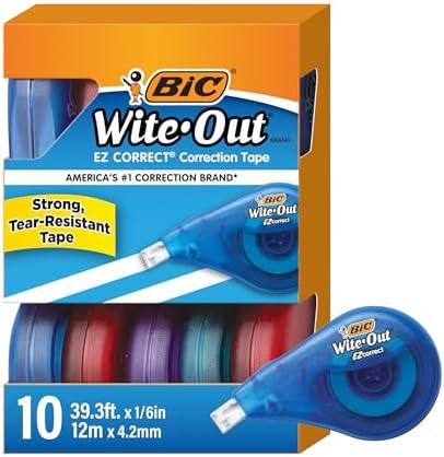 BIC Wite-Out Brand EZ Correct Correction Tape (WOTAP10- WHI), 39.3 Feet, 10-Count Pack of white Correction Tape, Fast, Clean and Easy to Use Tear-Resistant Tape