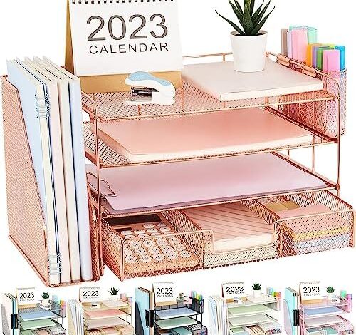 gianotter Paper Letter Tray Organizer with File Holder, 4-Tier Desk Accessories & Workspace Desk Organizers with Drawer and 2 Pen Holder for Office Supplies (Rose Gold)