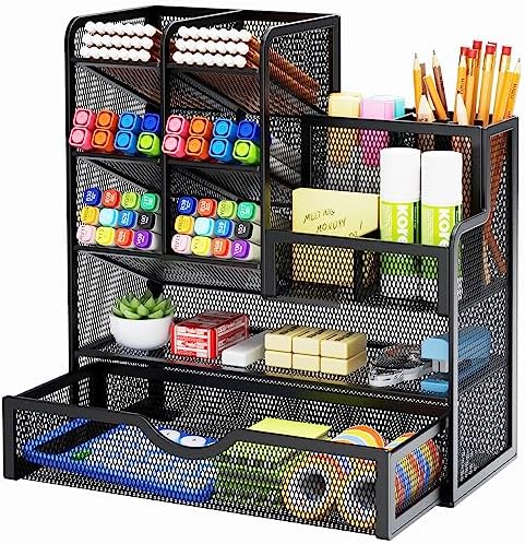 Marbrasse Mesh Pen Holder for Desk, Desk Organizer with Drawer, Multi-Functional Pencil Organizer, Desk Organizers and Accessories for Office Art Supplies (Black)
