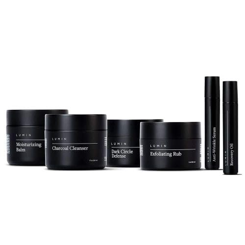 Lumin – Complete Gift Bundle – Men’s skincare Gift Routine includes: Charcoal Face Wash, Charcoal Scrub, Face Moisturizer, Wrinkle Serum, Recovery Oil & Dark Circle Defense Balm