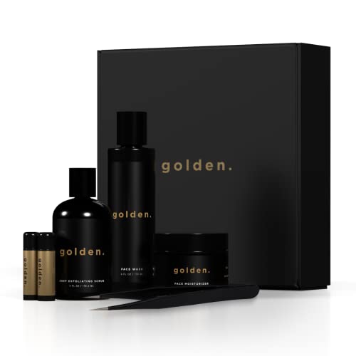 Golden Grooming Co. Essential Men’s Skincare Routine Set – Complete Face Care System | Face Wash, Deep Exfoliating Scrub, Moisturizer | Tweezers & 2 Lip Balm Sticks Included | 30 Day Supply