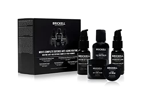 Brickell Men’s Complete Defense Anti Aging Routine, Night Face Cream, Vitamin C Day and Night Serum, Facial Moisturizer w/SPF and Eye Cream, Natural and Organic, Scented, Skin Care Gift Set