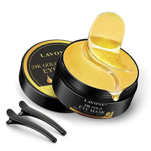 LAVONE Eye Mask-30 Pairs 24K Gold Under Eye Patches Skin Care Products-Eye Masks Skincare for Dark Circles and Puffiness,Reduce Wrinkles,Eye Bags and Fine Lines,for Women and Man,with Hair Clips