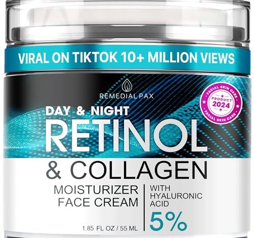 Retinol Cream for Face, Anti Aging Face Moisturizer for Women & Men, Day & Night Face Cream with Collagen, Hyaluronic Acid, Anti Wrinkle Cream, 1.85 Fl Oz